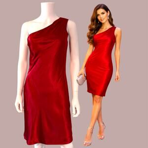 Niki Livas Red Satin One-Shoulder Mini Dress Size 8 Minimalist Glam Asymmetrical